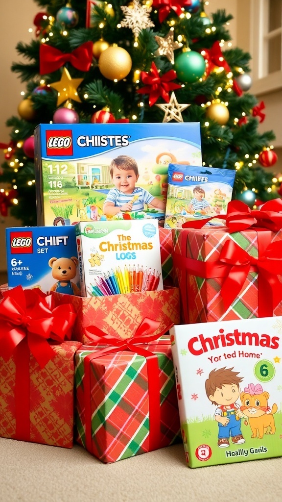 A variety of Christmas gifts for kids, including toys and books, arranged under a Christmas tree.